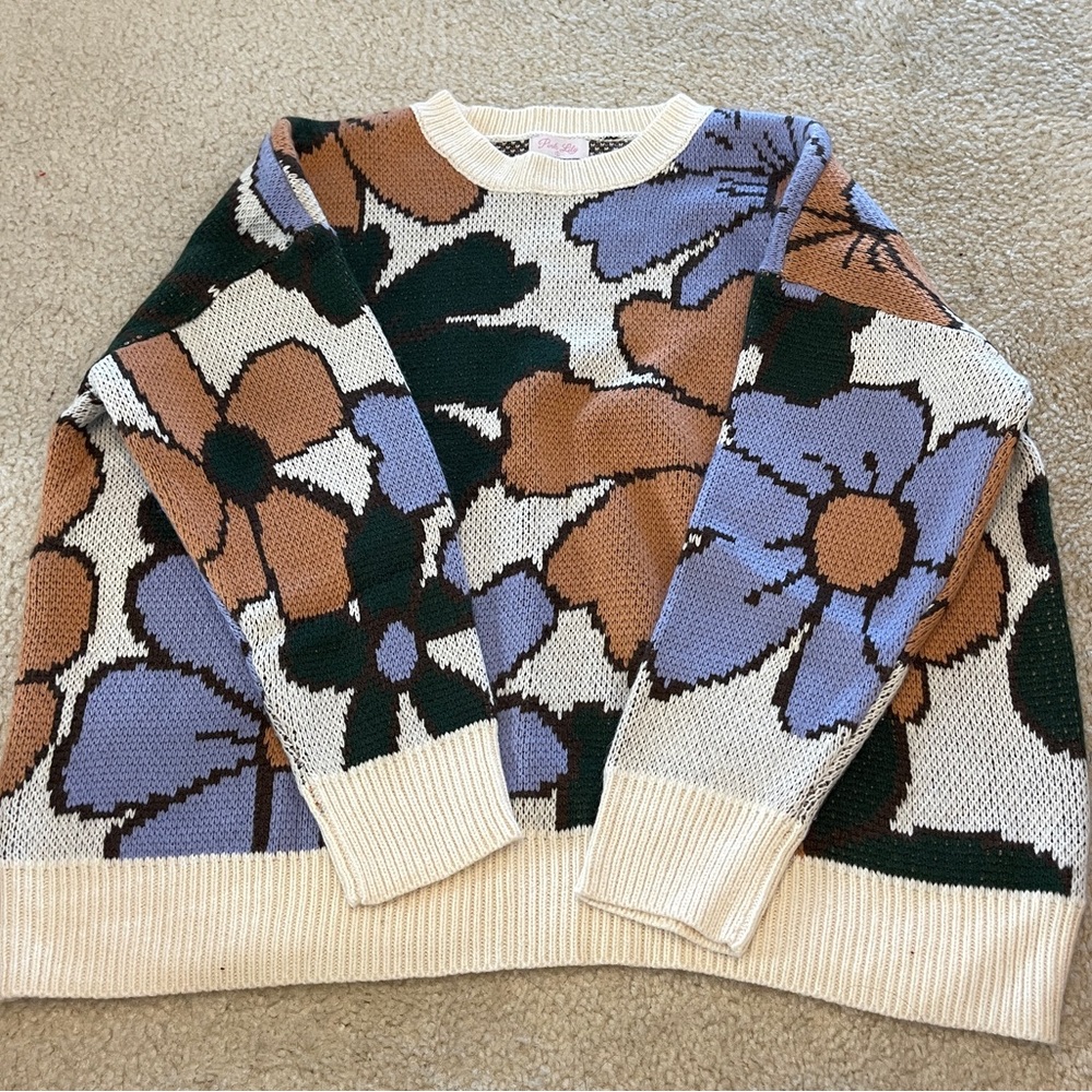 Pink Lily floral print sweater size small